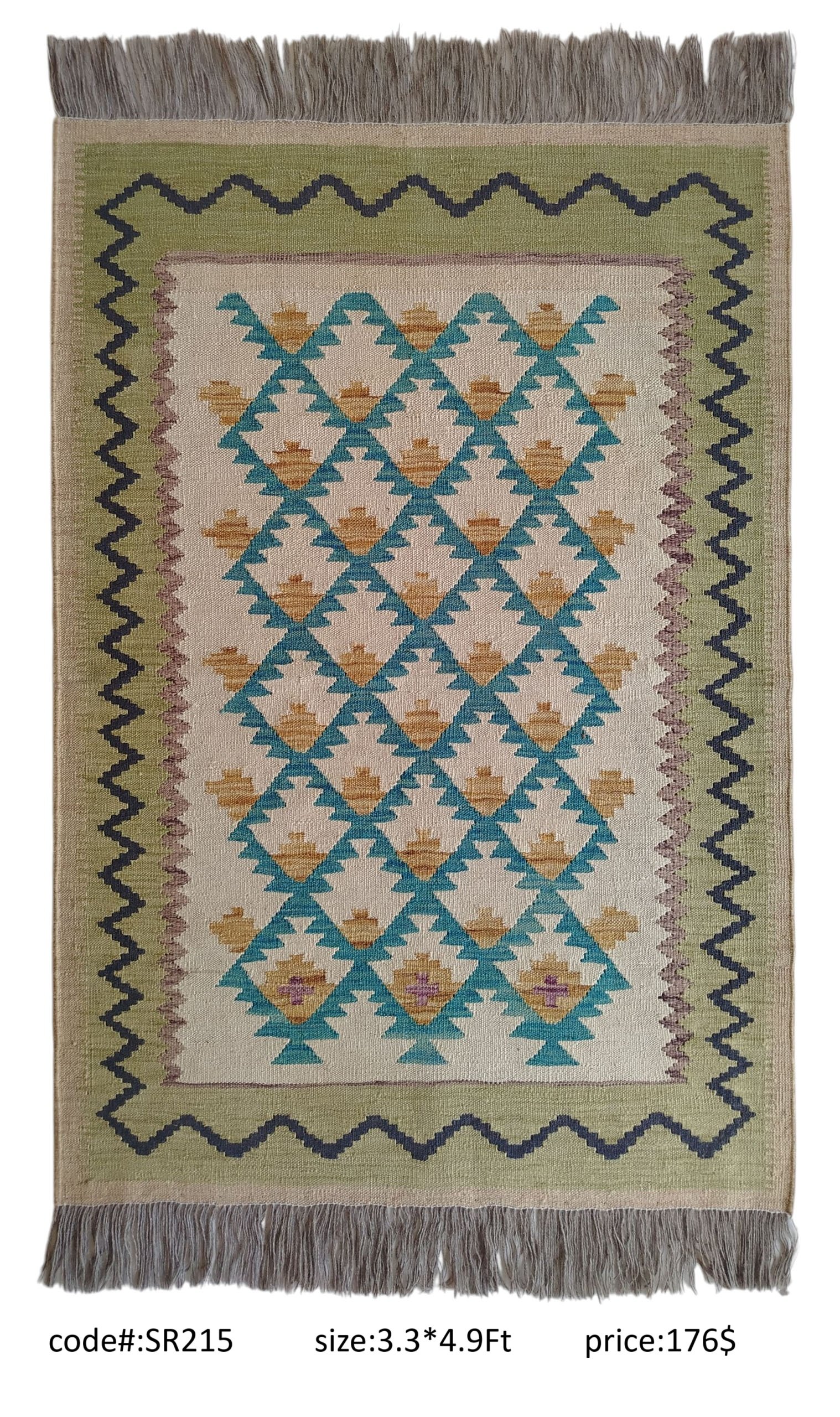 SR215 3.3 4.9 176$ Cream, teal, gold, olive, and navy 3.3 × 4.9 ft handwoven Afghan wool rug with diamond lattice pattern