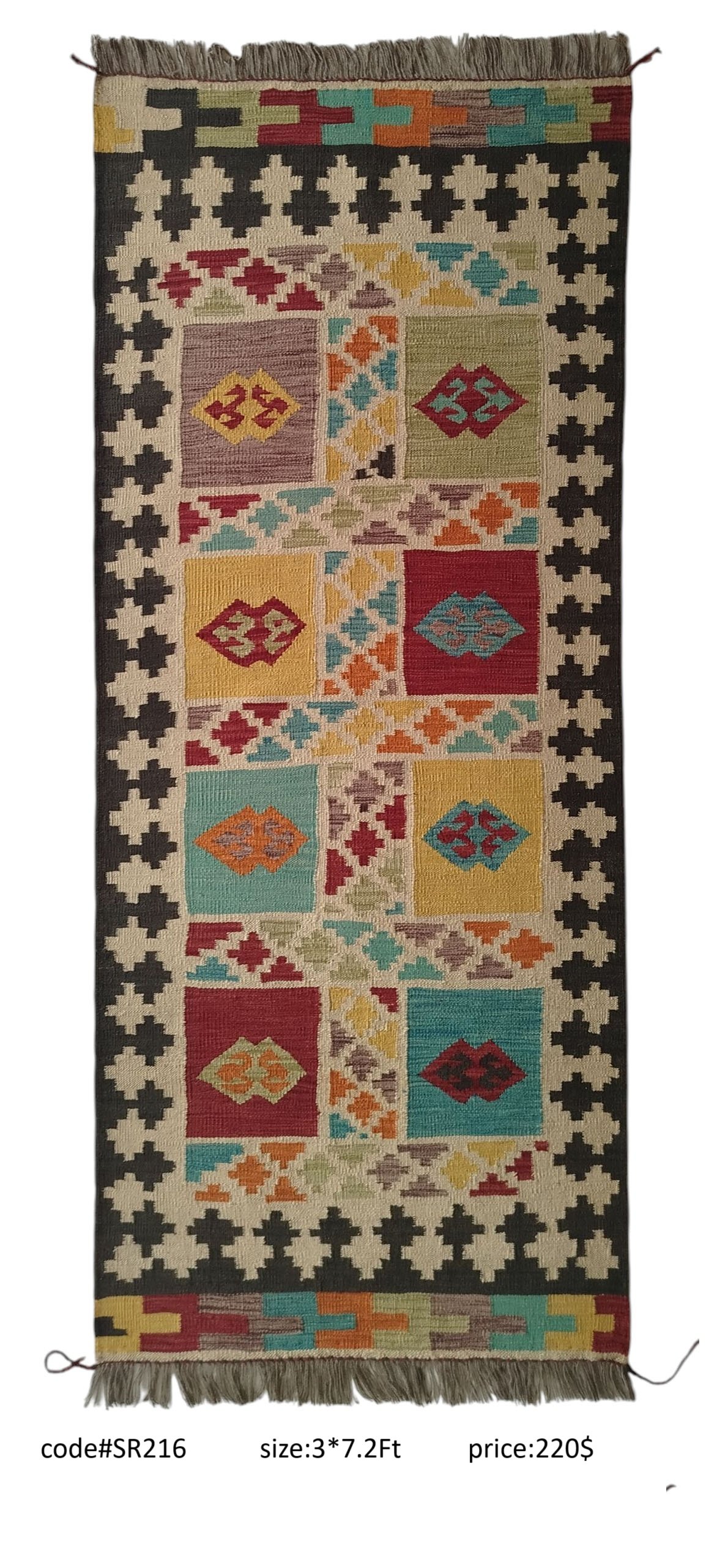 SR216 3.0 7.2 220$ Multi-color 3 × 7.2 ft handwoven Afghan wool runner with patchwork pattern