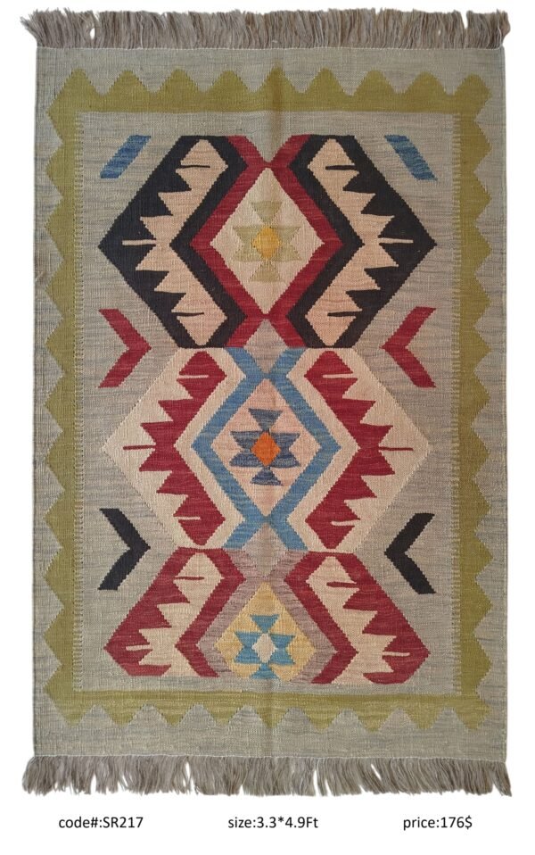 Grey, olive, red, blue, gold, and cream 3.3 × 4.9 ft handwoven Afghan wool rug with diamond medallions