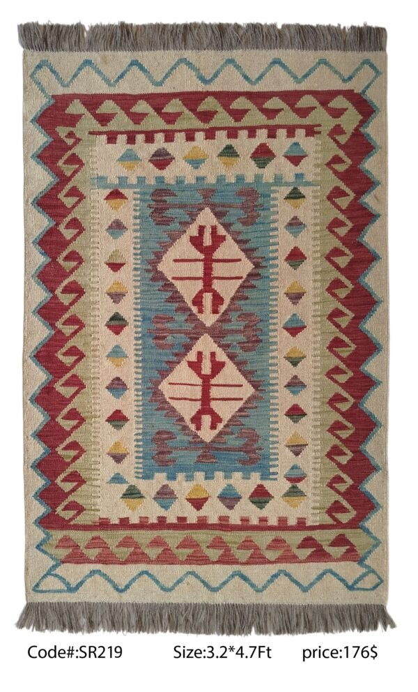 Cream, teal, red, blue, gold, and green 3.2 × 4.7 ft handwoven Afghan wool rug with diamond medallions