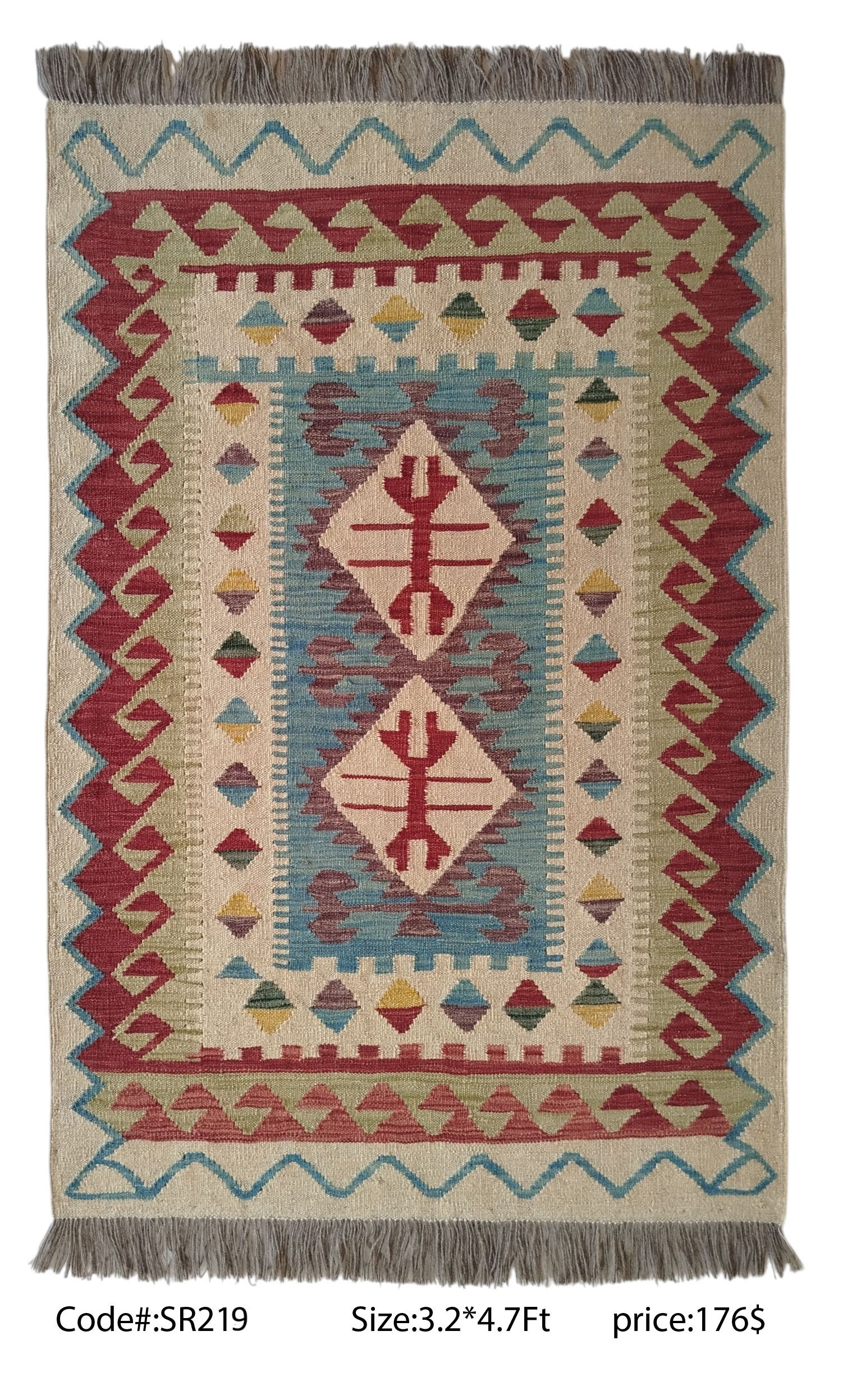 SR219 3.2 4.7 176$ Cream, teal, red, blue, gold, and green 3.2 × 4.7 ft handwoven Afghan wool rug with diamond medallions