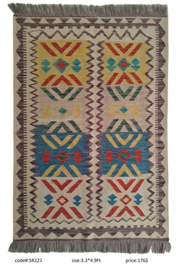 Cream, gold, teal, red, and purple 3.3 × 4.9 ft handwoven Afghan wool rug with diamond medallion pattern