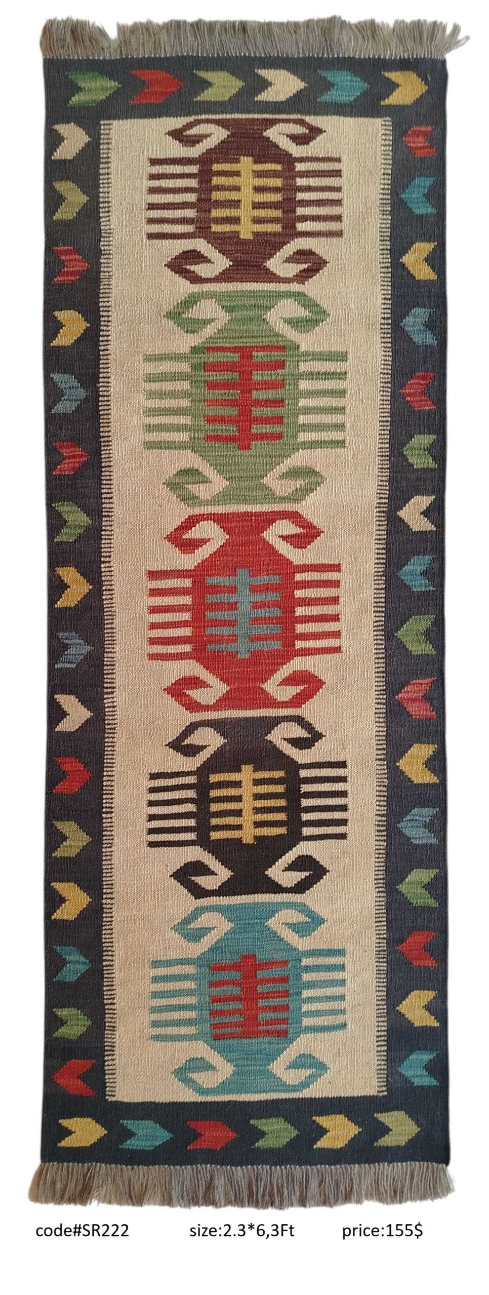 SR222 2.3 6.3 155$ Cream, black, red, green, teal, yellow, and multi-color 2.3 × 6.3 ft handwoven Afghan wool runner with animal motifs