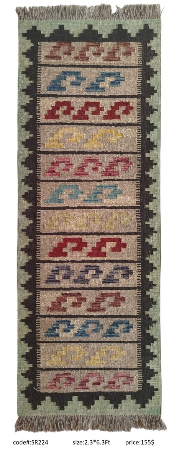 Cream, green, black, red, blue, yellow, and multi-color 2.3 × 6.3 ft handwoven Afghan wool runner with geometric pattern