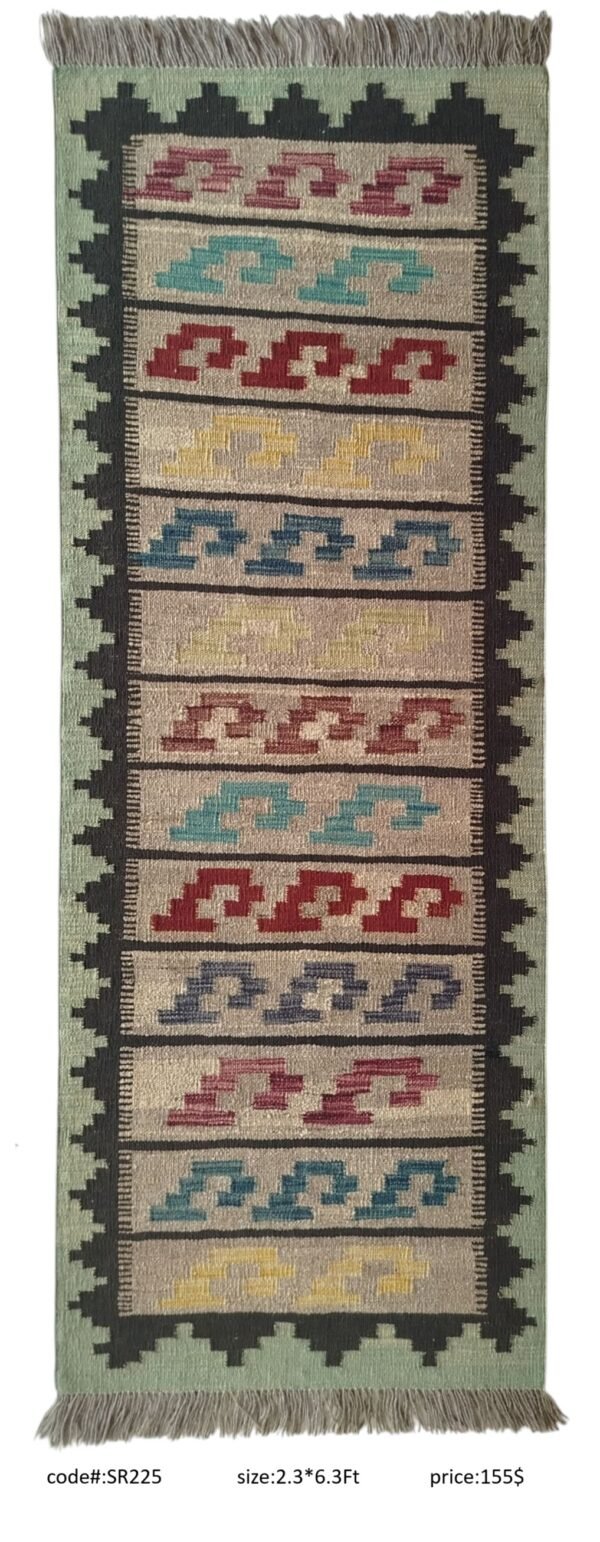 Cream, green, black, red, teal, blue, yellow, and multi-color 2.3 × 6.3 ft handwoven Afghan wool runner with geometric pattern