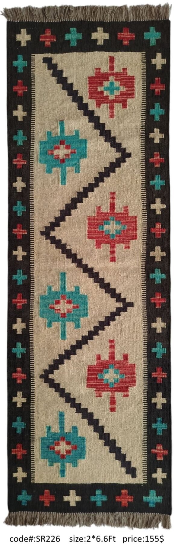 Cream, black, red, teal, and multi-color 2 × 6.6 ft handwoven Afghan wool runner with cross medallions