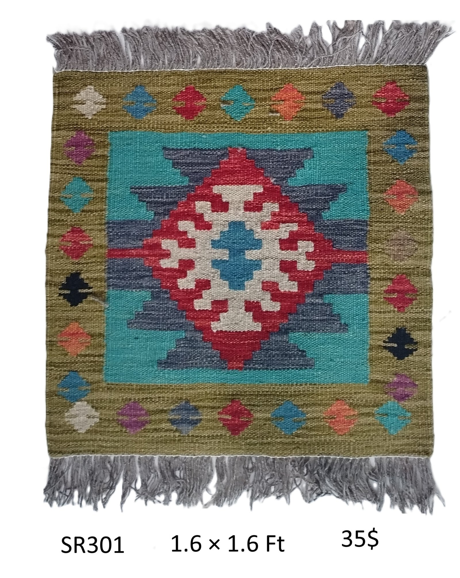 SR301 1.6 1.6 35$ Olive, teal, red, navy, and multi-color 1.6 × 1.6 ft handwoven Afghan wool rug with diamond medallion