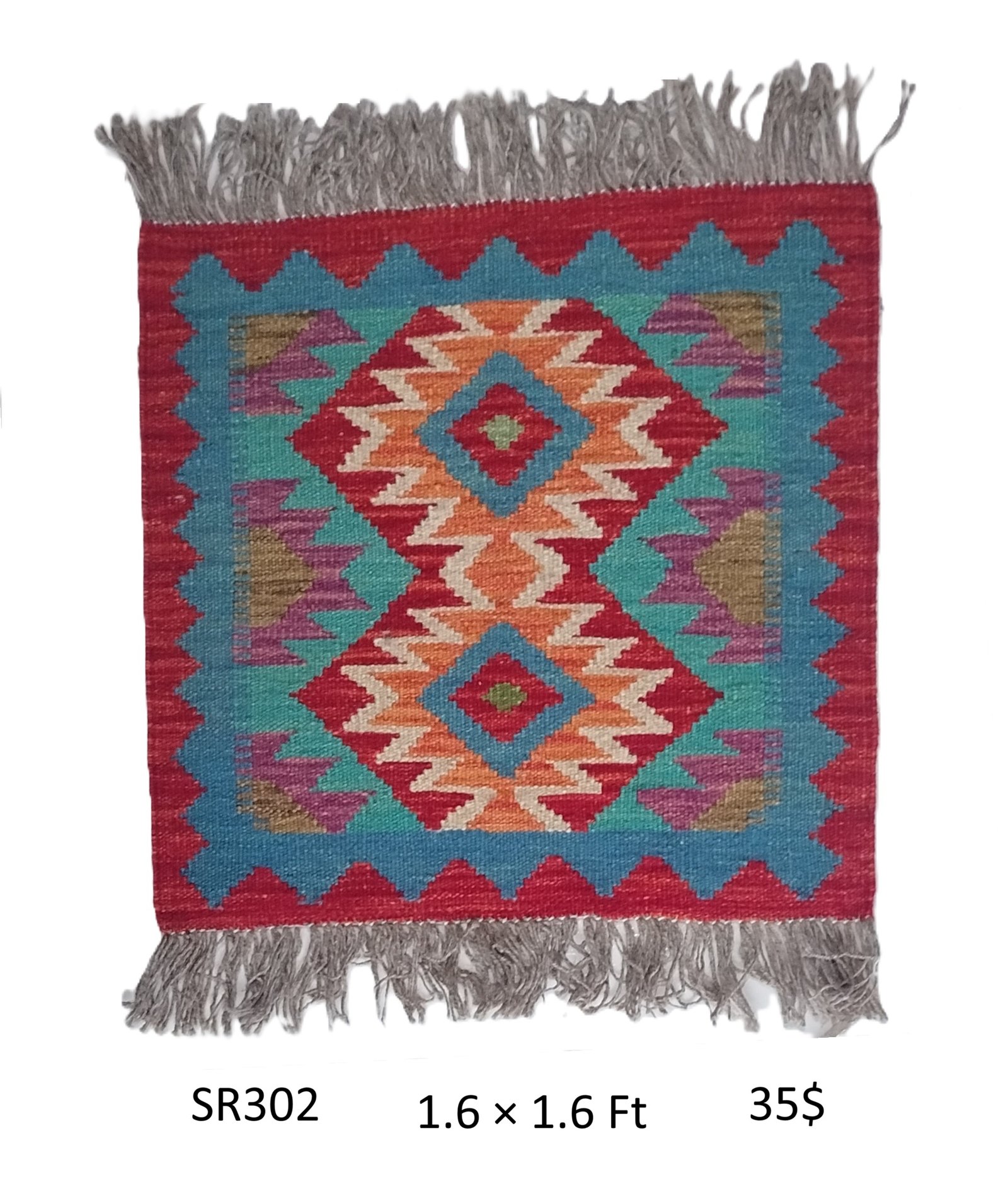 SR302 1.6 1.6 35 Red, teal, orange, cream, and multi-color 1.6 × 1.6 ft handwoven Afghan wool rug with diamond medallions