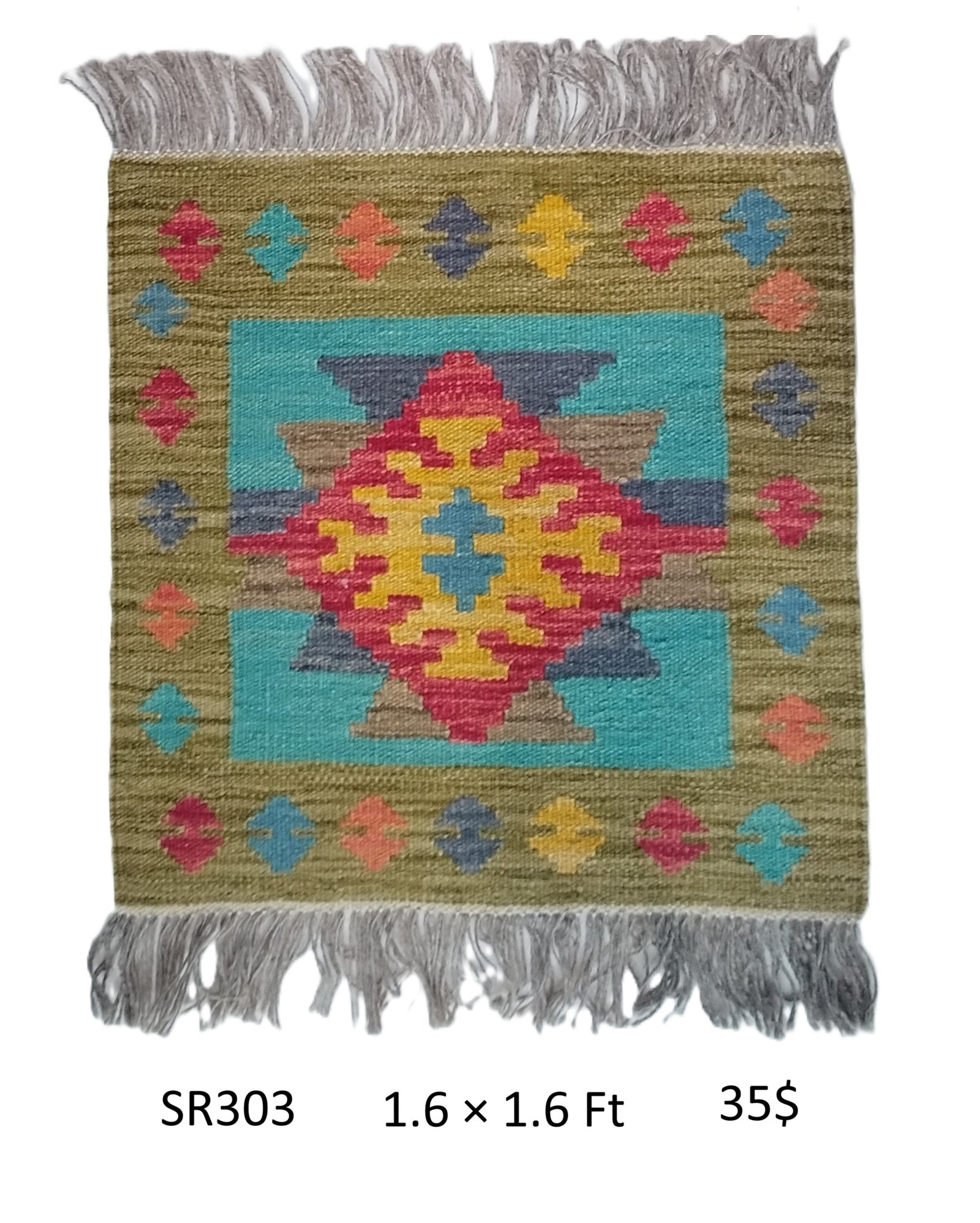 SR303 1.6 1.6 35$ Olive, teal, red, yellow, and multi-color 1.6 × 1.6 ft handwoven Afghan wool rug with central diamond medallion