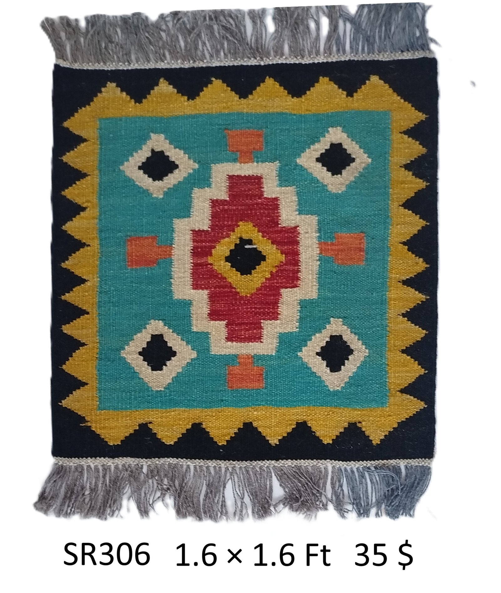 SR306 1.6 1.6 35$ Teal, red, black, gold, and cream 1.6 × 1.6 ft handwoven Afghan wool rug with central diamond medallion