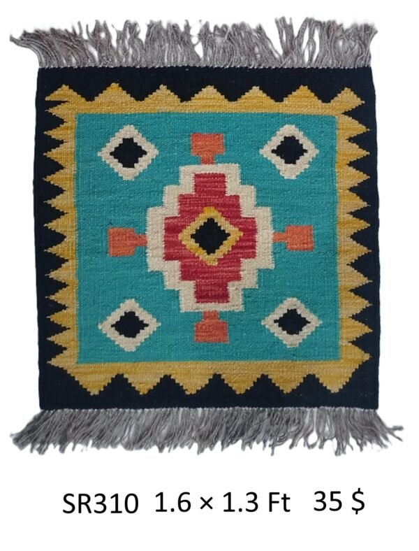 Teal, black, red, gold, and cream 1.3 × 1.6 ft handwoven Afghan wool rug with central diamond medallion