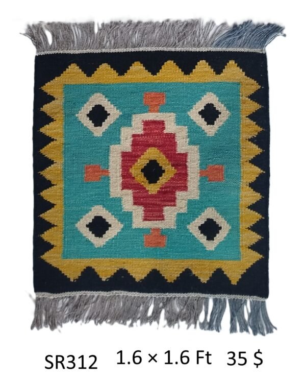 Teal, black, red, gold, and cream 1.6 × 1.6 ft handwoven Afghan wool rug with central diamond medallion