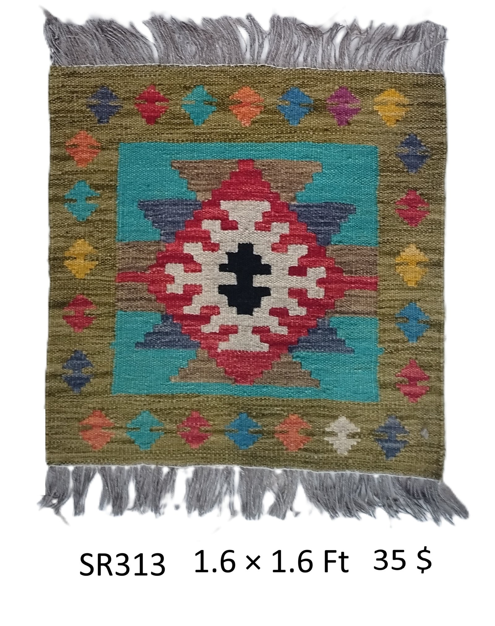 SR313 1.6 1.6 35 Olive, teal, red, navy, and multi-color 1.6 × 1.6 ft handwoven Afghan wool rug with central diamond medallion
