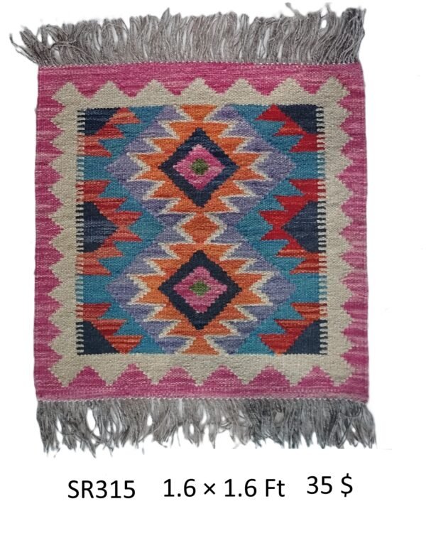 Pink, navy, orange, teal, and purple 1.6 × 1.6 ft handwoven Afghan wool rug with two diamond medallions