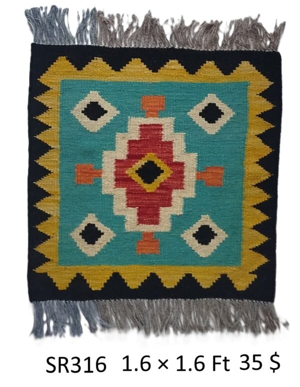 Teal, black, red, gold, and cream 1.6 × 1.6 ft handwoven Afghan wool rug with central diamond medallion