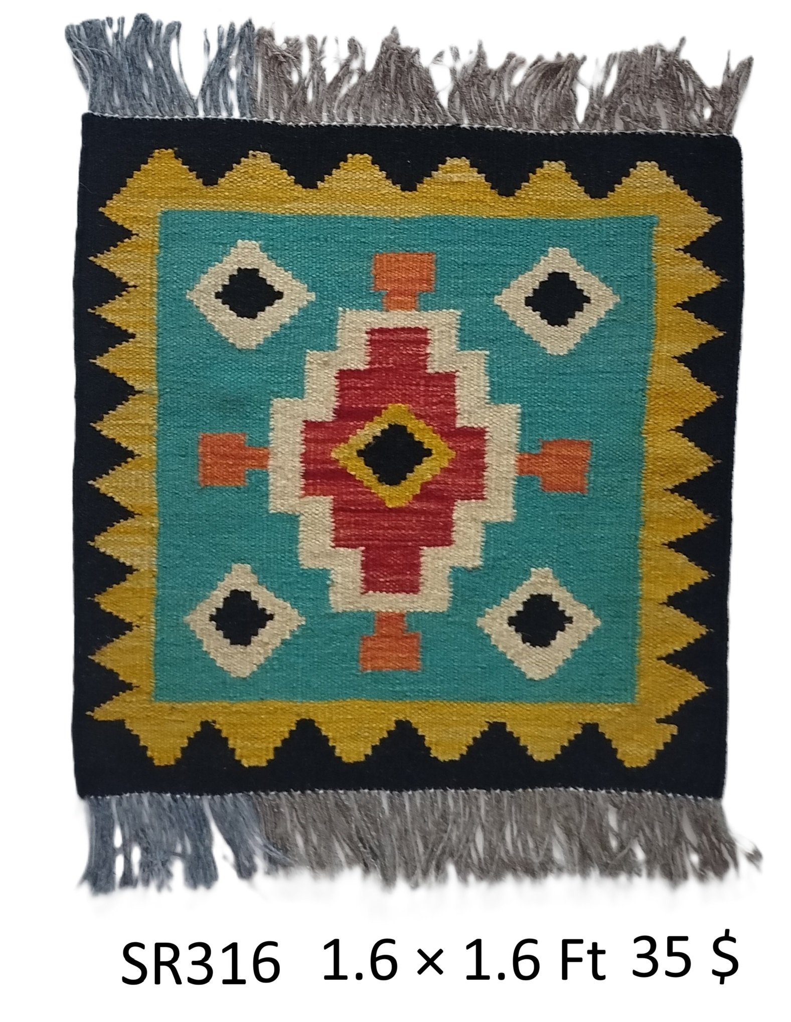 SR316 1.6 1.6 35$ Teal, black, red, gold, and cream 1.6 × 1.6 ft handwoven Afghan wool rug with central diamond medallion