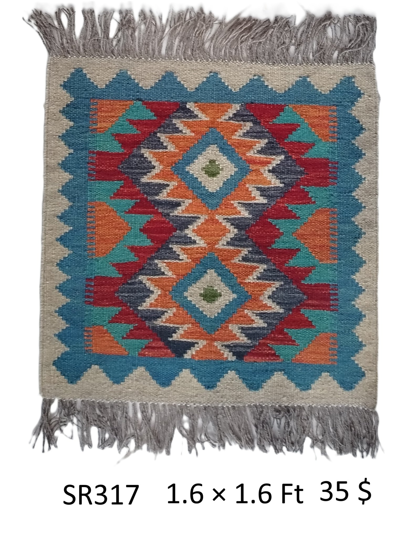 SR317 1.6 1.6 35$ Beige, blue, red, orange, and multi-color 1.6 × 1.6 ft handwoven Afghan wool rug with two diamond medallions