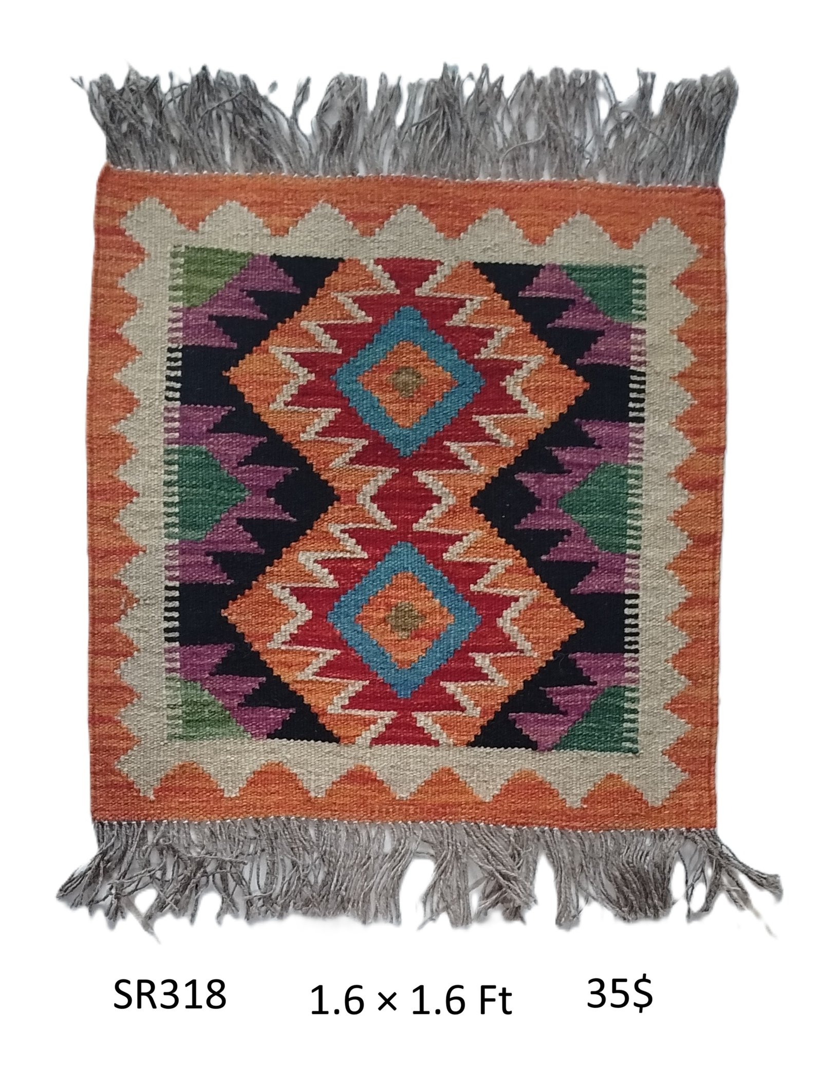 SR318 1.6 1.6 35$ Orange, cream, red, teal, and multi-color 1.6 × 1.6 ft handwoven Afghan wool rug with two diamond medallions
