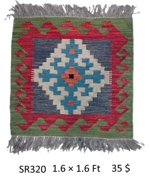 Green, red, navy, teal, and orange 1.6 × 1.6 ft handwoven Afghan wool rug with central diamond medallion
