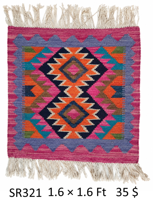 Pink, purple, orange, navy, and multi-color 1.6 × 1.6 ft handwoven Afghan wool rug with two diamond medallions