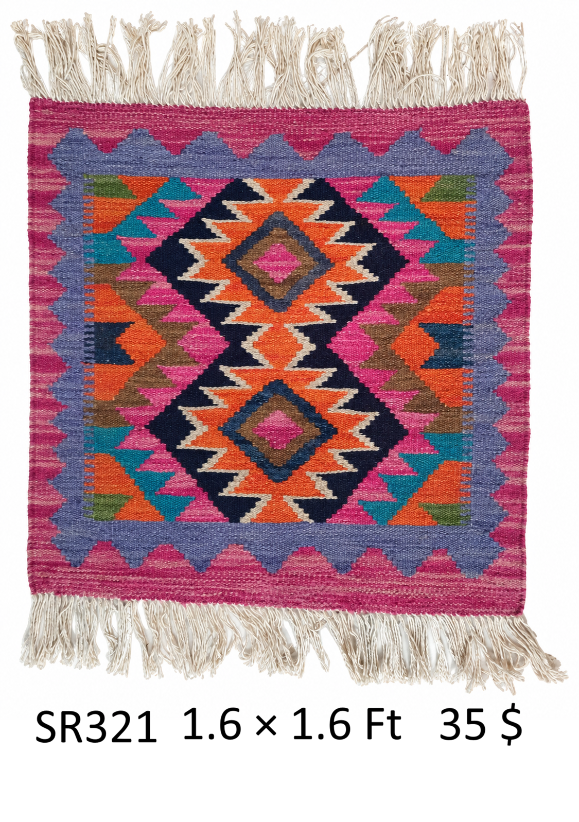 SR321 1.6 1.6 35$ Pink, purple, orange, navy, and multi-color 1.6 × 1.6 ft handwoven Afghan wool rug with two diamond medallions