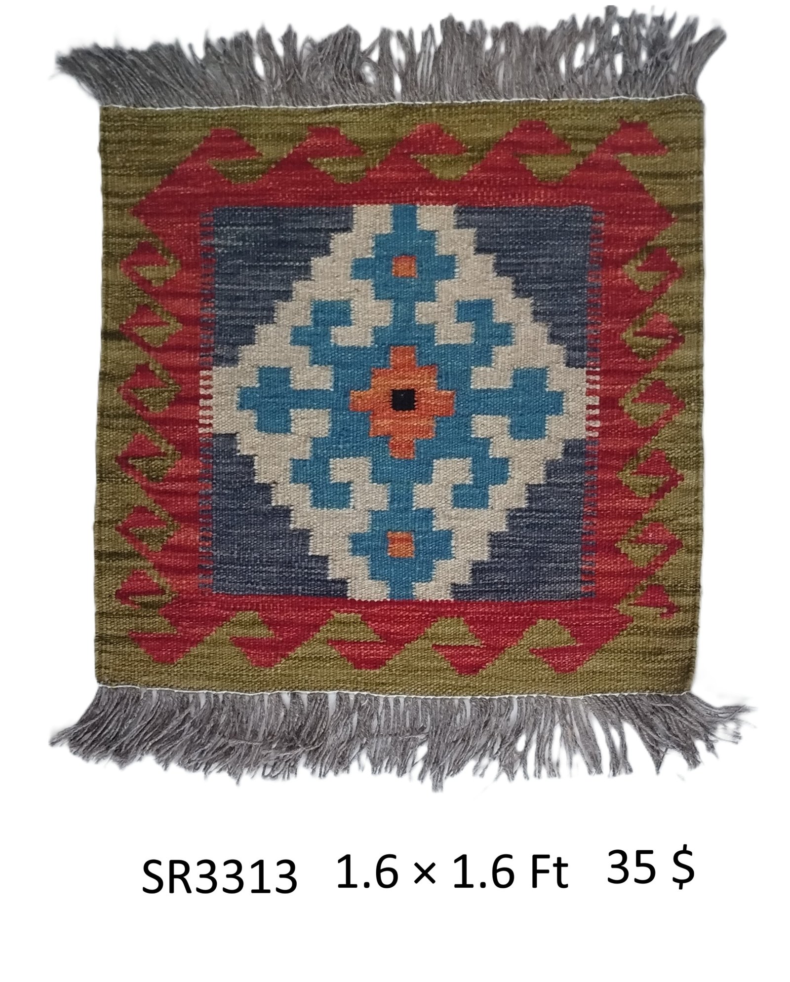 SR3313 1.6 1.6 35$ Olive, red, navy, teal, and orange 1.6 × 1.6 ft handwoven Afghan wool rug with central diamond medallion