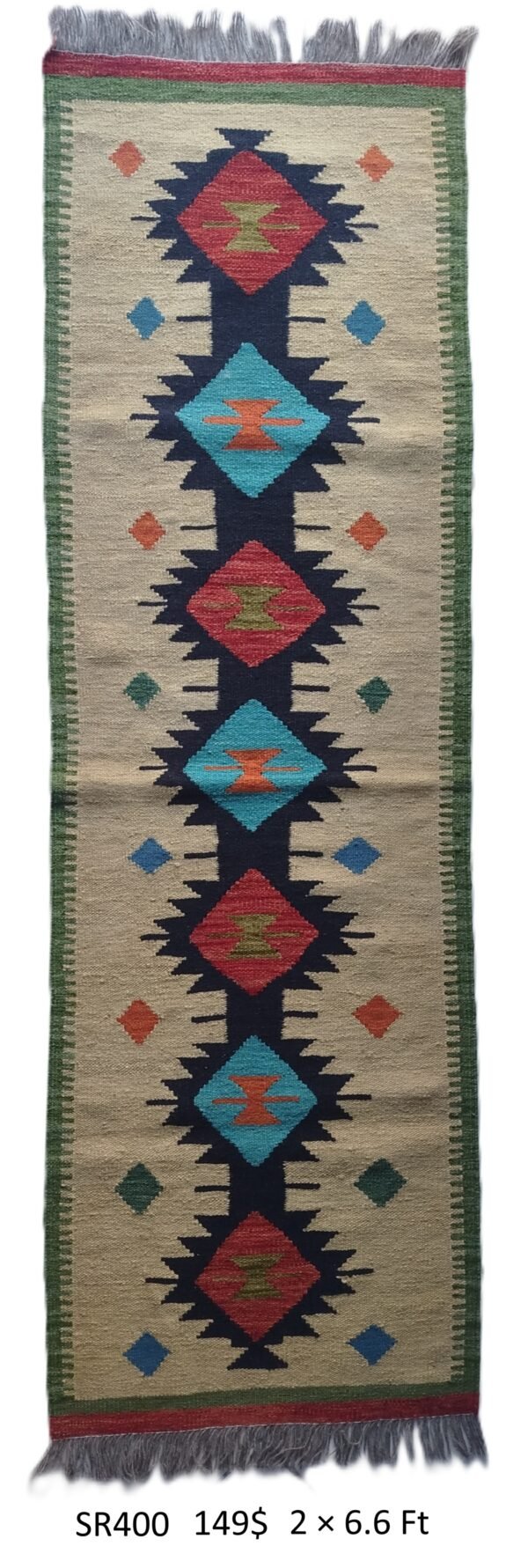 Cream, navy, red, teal, green, and orange 2 × 6.6 ft handwoven Afghan wool runner with diamond medallions