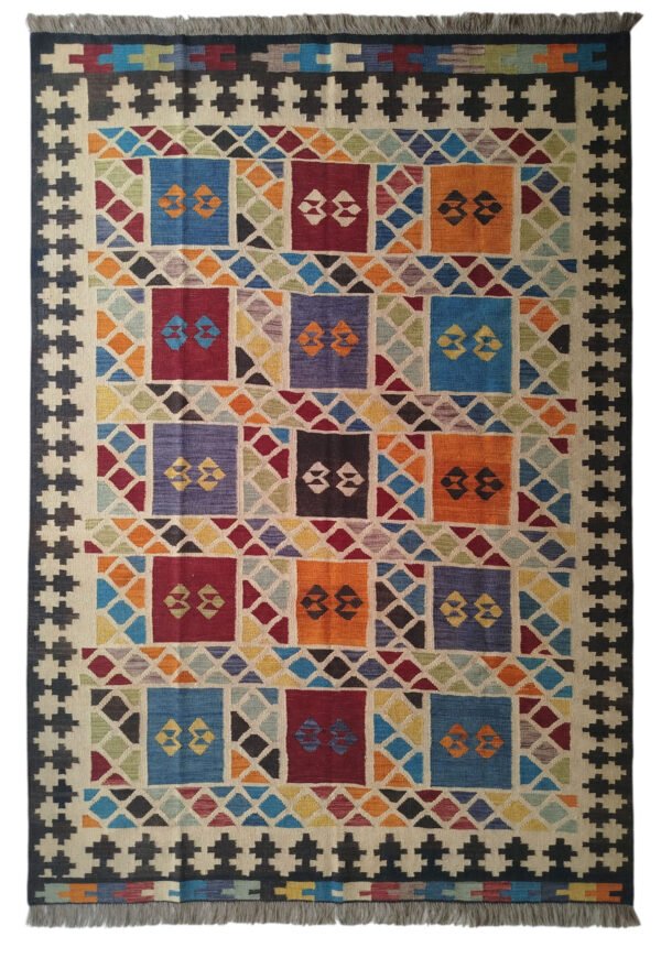 Multi-color 5 × 7.5 ft handwoven Afghan wool rug with patchwork pattern