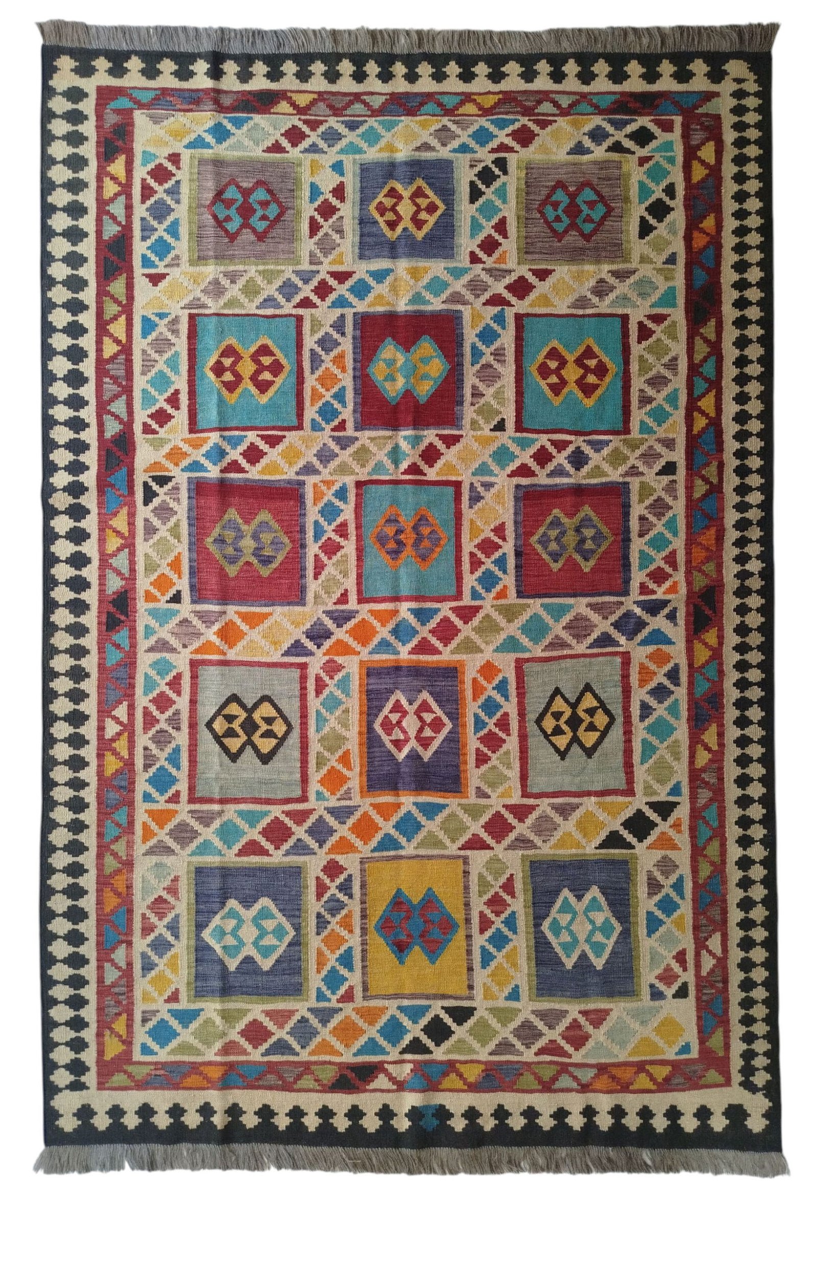 Sr252 6.6 9.8 412$ Multi-color 6.6 × 9.8 ft handwoven Afghan wool rug with patchwork pattern