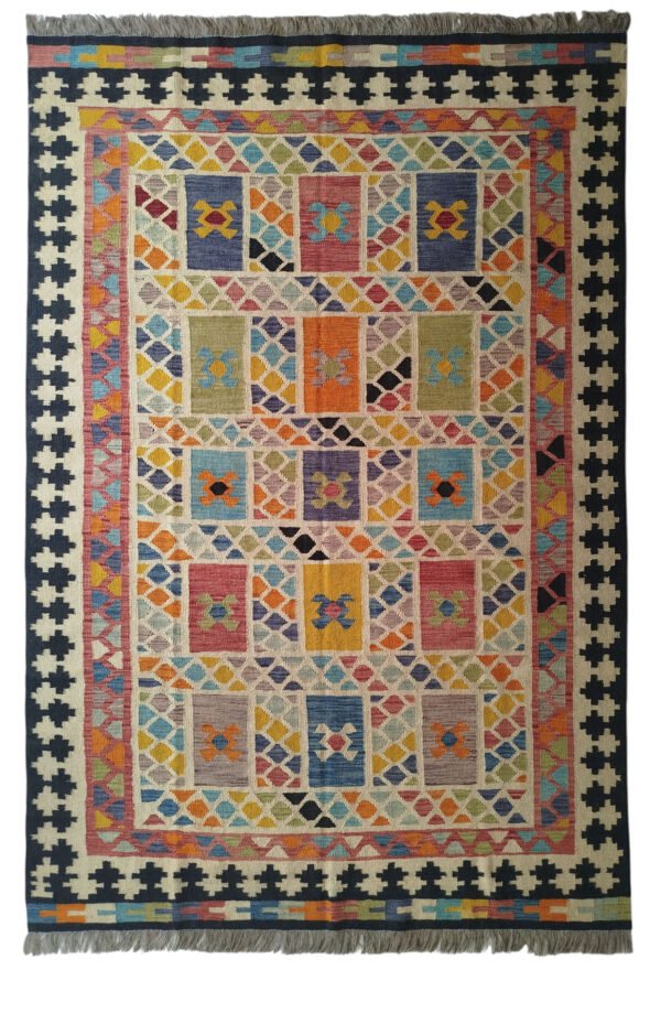 Multi-color 6.6 × 9.5 ft handwoven Afghan wool rug with patchwork pattern