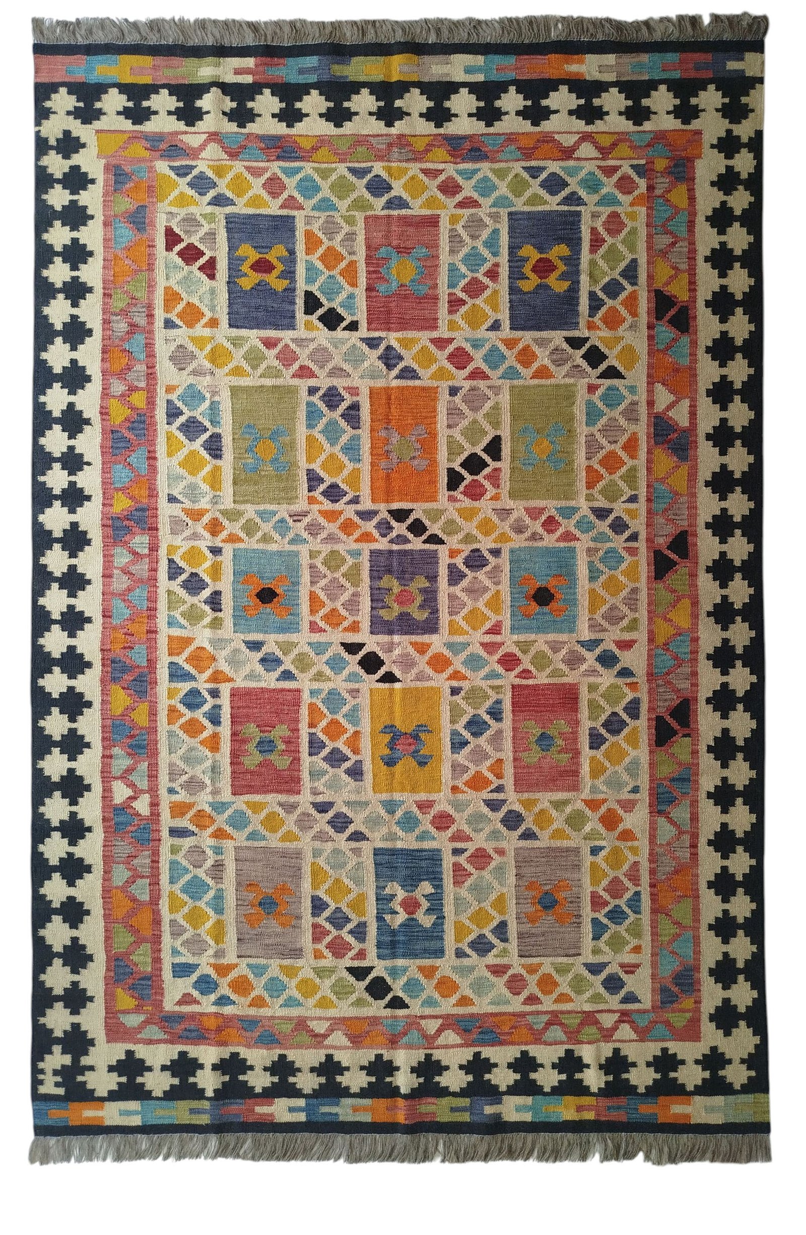 Sr253 6.6 9.5 405$ Multi-color 6.6 × 9.5 ft handwoven Afghan wool rug with patchwork pattern