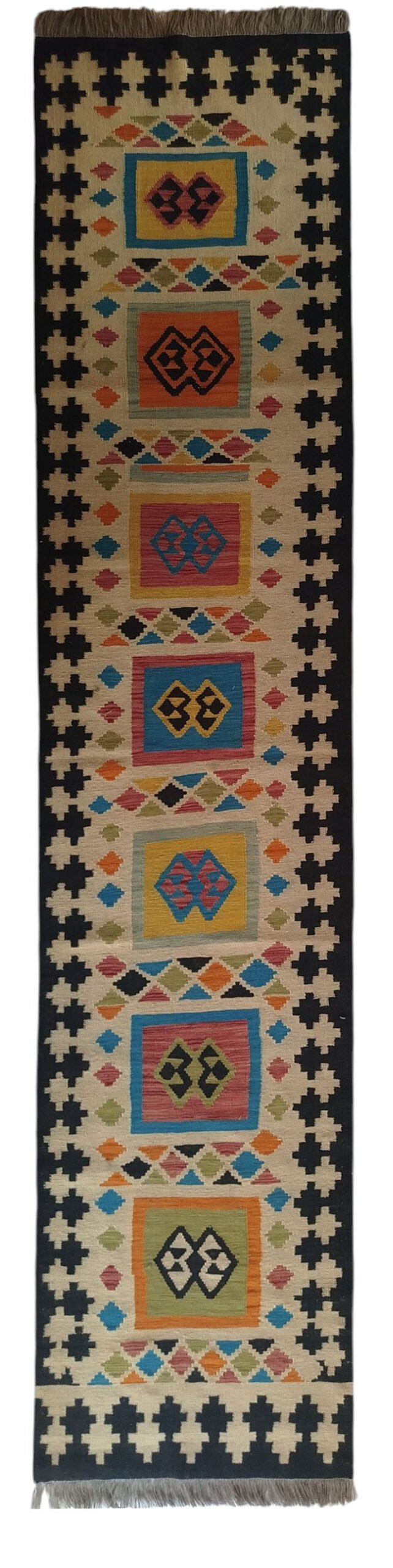Sr254 2.6 12.5 297$ Multi-color 2.6 × 12.5 ft handwoven Afghan wool runner with patchwork pattern