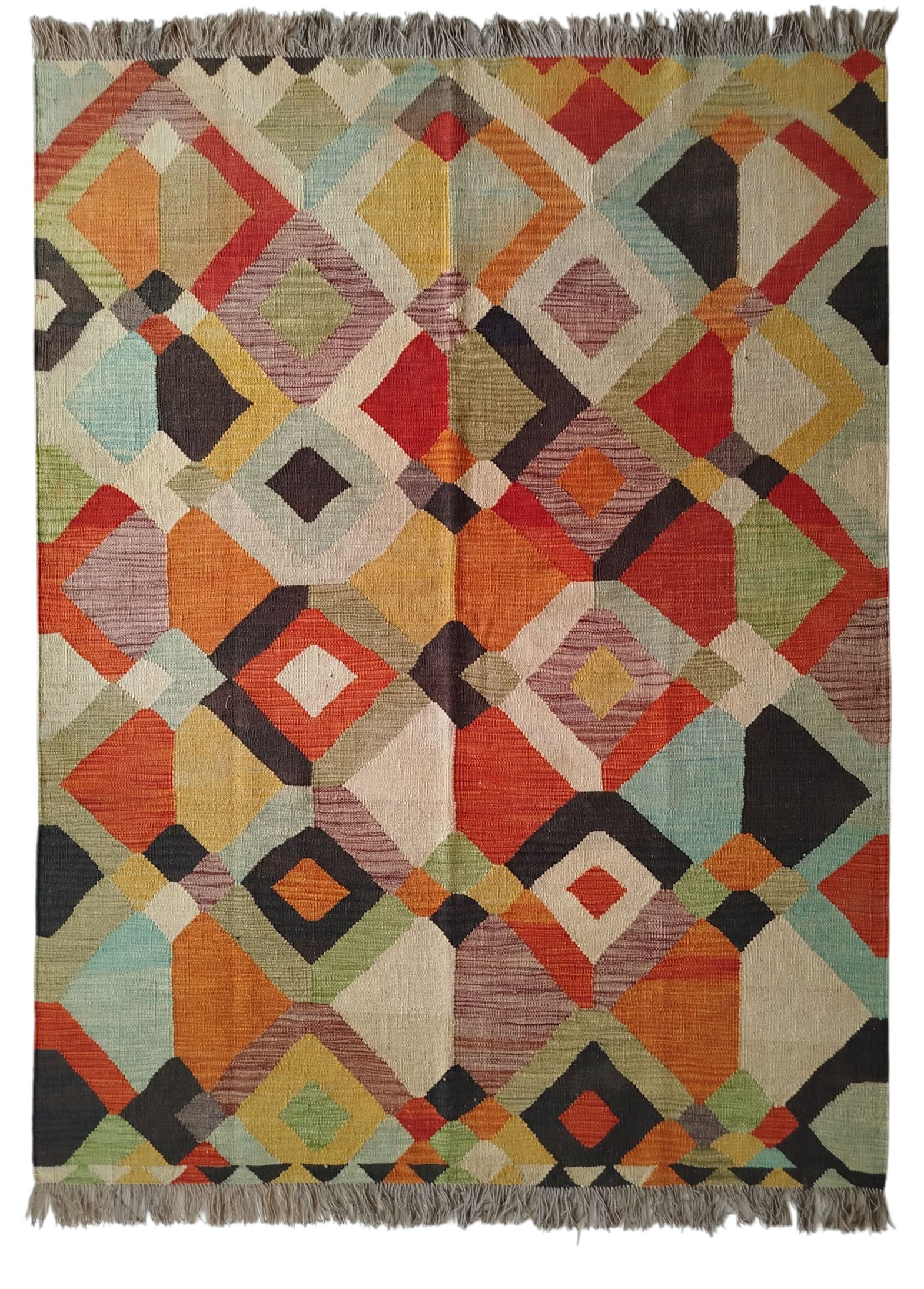 Sr255 5.1 6.9 359$ Multi-color 5.1 × 6.9 ft handwoven Afghan wool rug with diamond lattice pattern