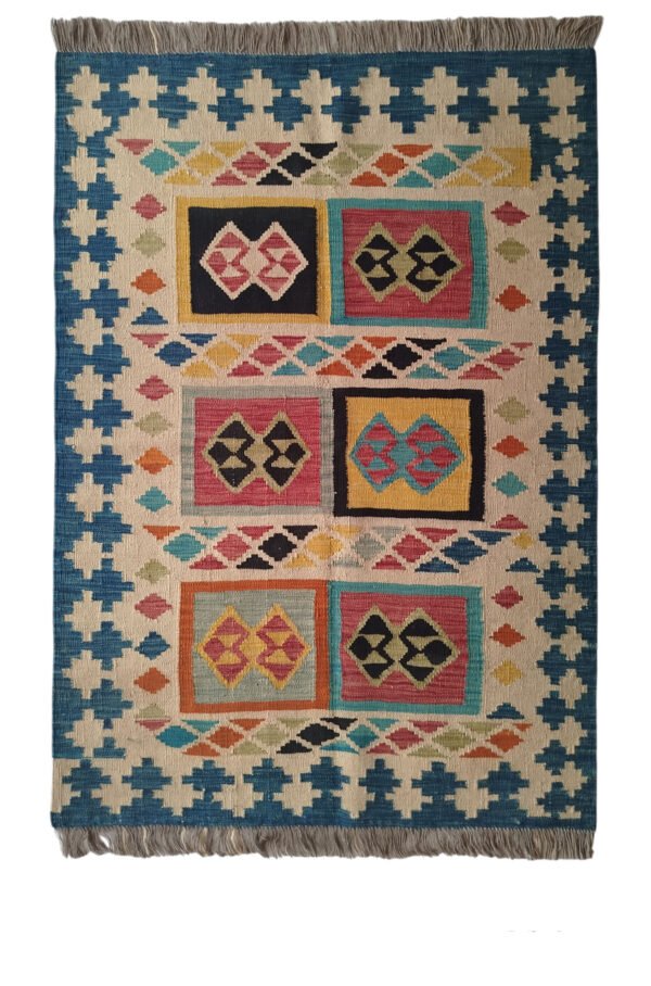 Multi-color 2 × 3 ft handwoven Afghan wool rug with patchwork pattern