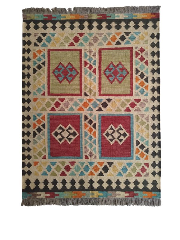 Multi-color 2 × 3 ft handwoven Afghan wool rug with patchwork pattern