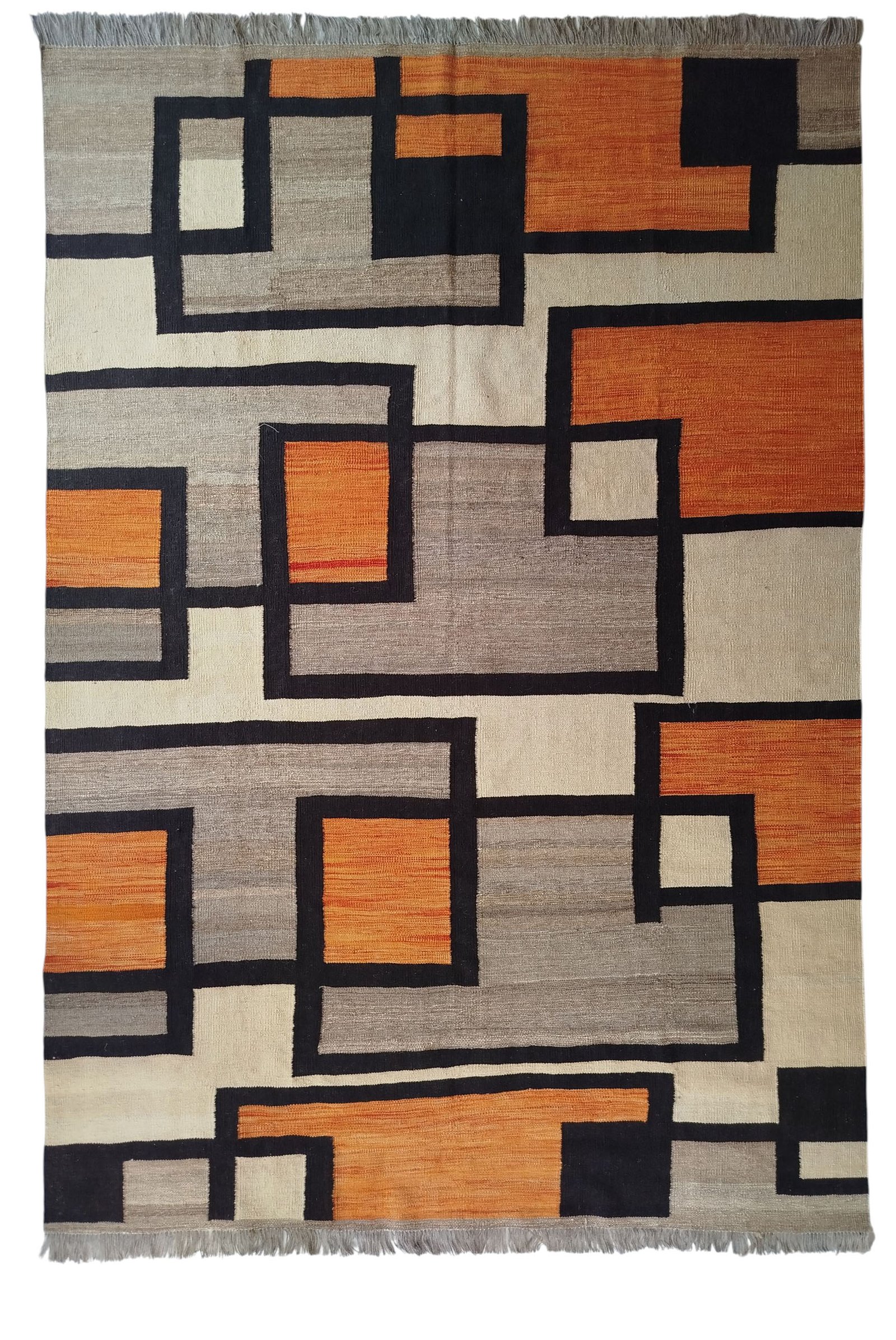 Sr258 6.6 9.5 405$ Grey, orange, black, and cream 5 × 6.5 ft handwoven Afghan wool rug with geometric block pattern