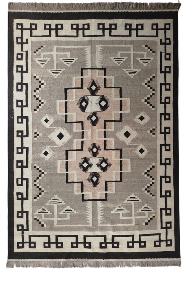 Grey, black, cream, and blush 5 × 7 ft handwoven Afghan wool rug with central cross medallion