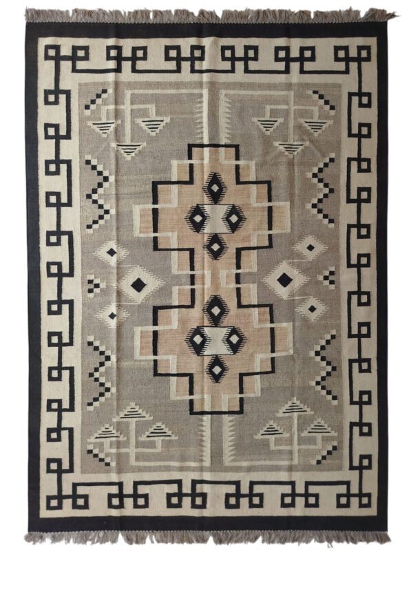 Grey, black, cream, and blush 5 × 7.5 ft handwoven Afghan wool rug with central cross medallion