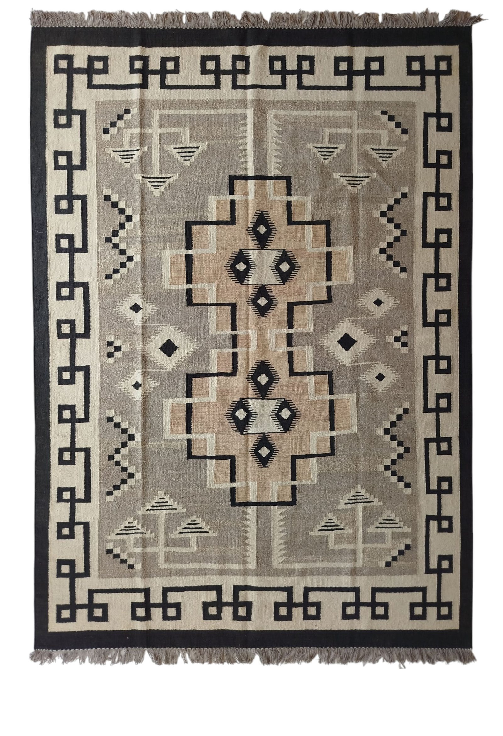 Sr260 6.6. 9.5 405$ Grey, black, cream, and blush 5 × 7.5 ft handwoven Afghan wool rug with central cross medallion