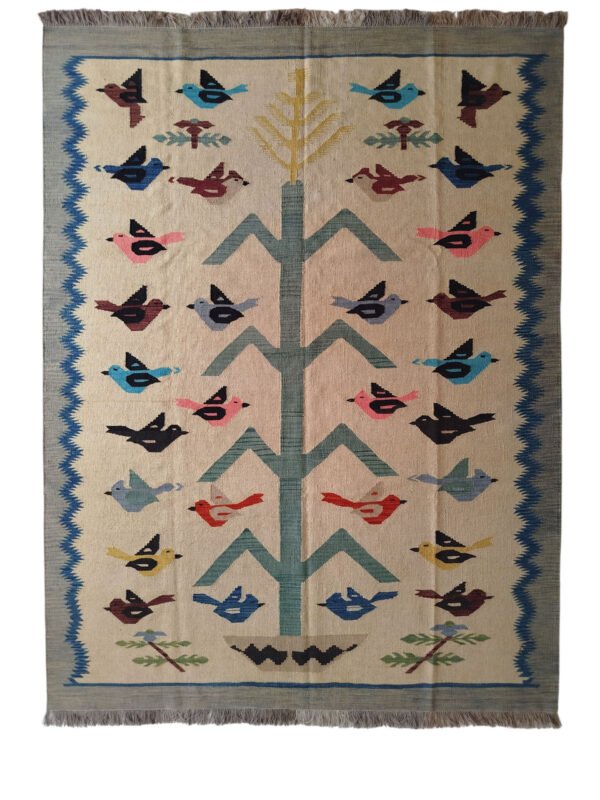 Cream, blue, green, pink, and multi-color 5 × 7 ft handwoven Afghan wool rug with Tree of Life and birds