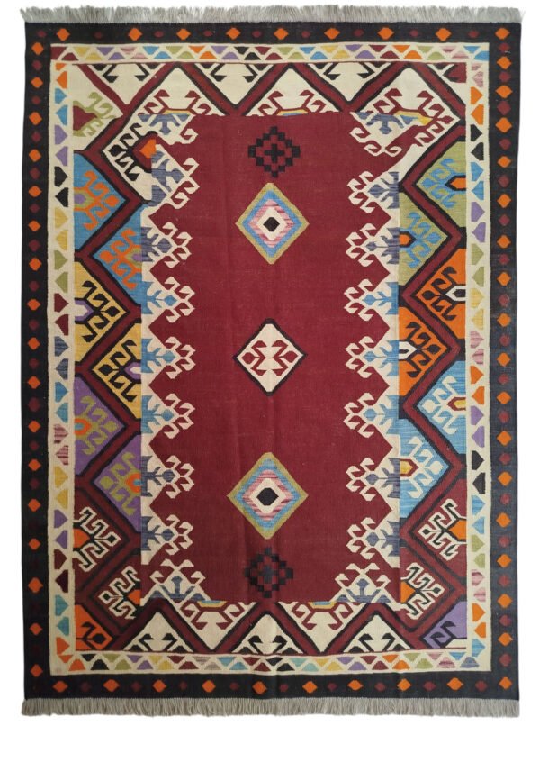 Maroon, cream, teal, orange, purple, and multi-color 6.6 × 9.8 ft handwoven Afghan wool rug with central medallion pattern