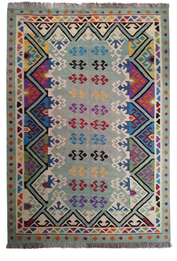 Sage green, cream, blue, purple, red, and multi-color 6.6 × 9.8 ft handwoven Afghan wool rug with geometric pattern