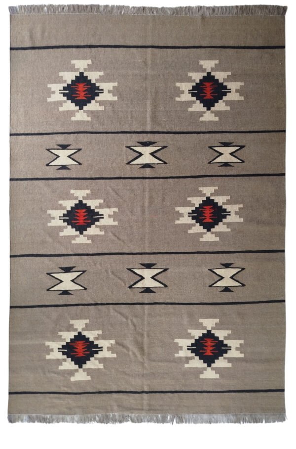 Grey, cream, black, and red 6.6 × 9.8 ft handwoven Afghan wool rug with geometric pattern