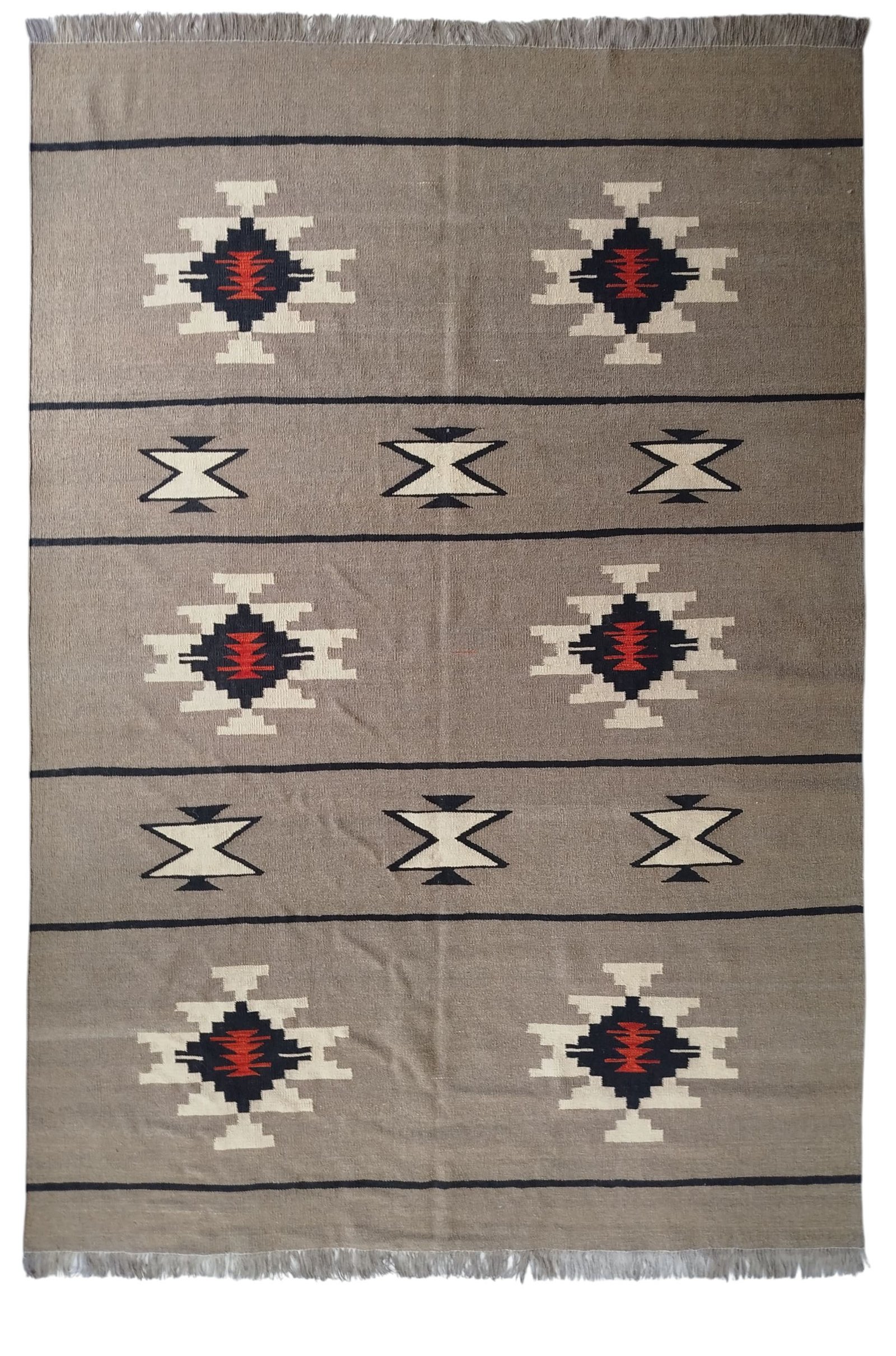 Sr268 6.6 9.8 412$ Grey, cream, black, and red 6.6 × 9.8 ft handwoven Afghan wool rug with geometric pattern