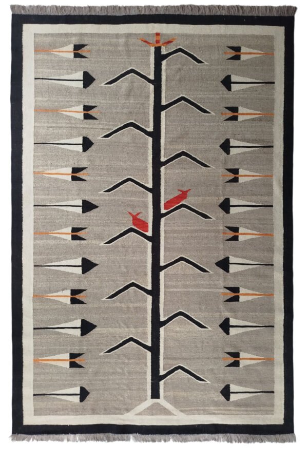 Grey, cream, black, orange, and red 6.6 × 9.8 ft handwoven Afghan wool rug with Tree of Life and birds