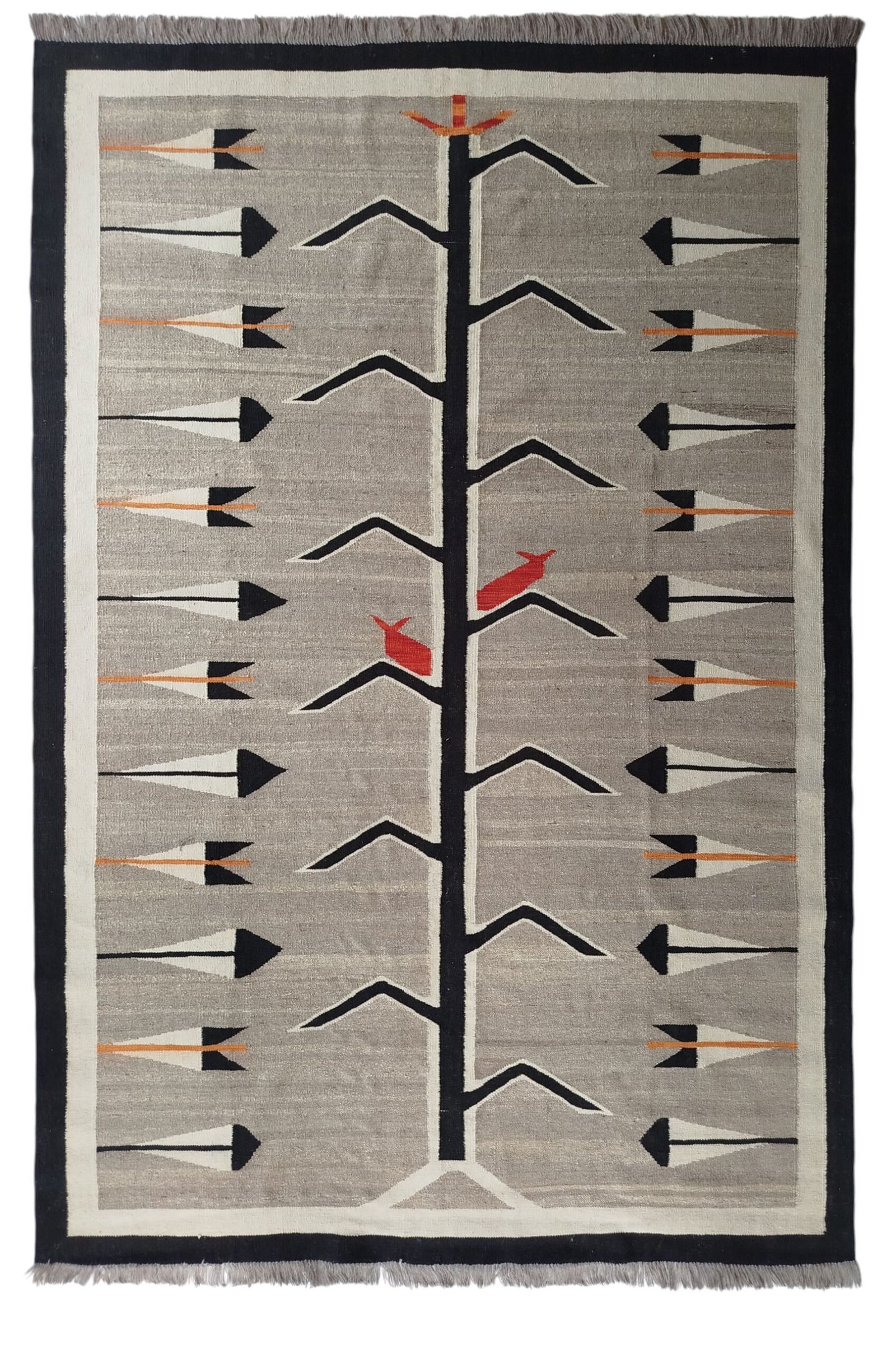 Sr269 6.6 9.8 412$ Grey, cream, black, orange, and red 6.6 × 9.8 ft handwoven Afghan wool rug with Tree of Life and birds