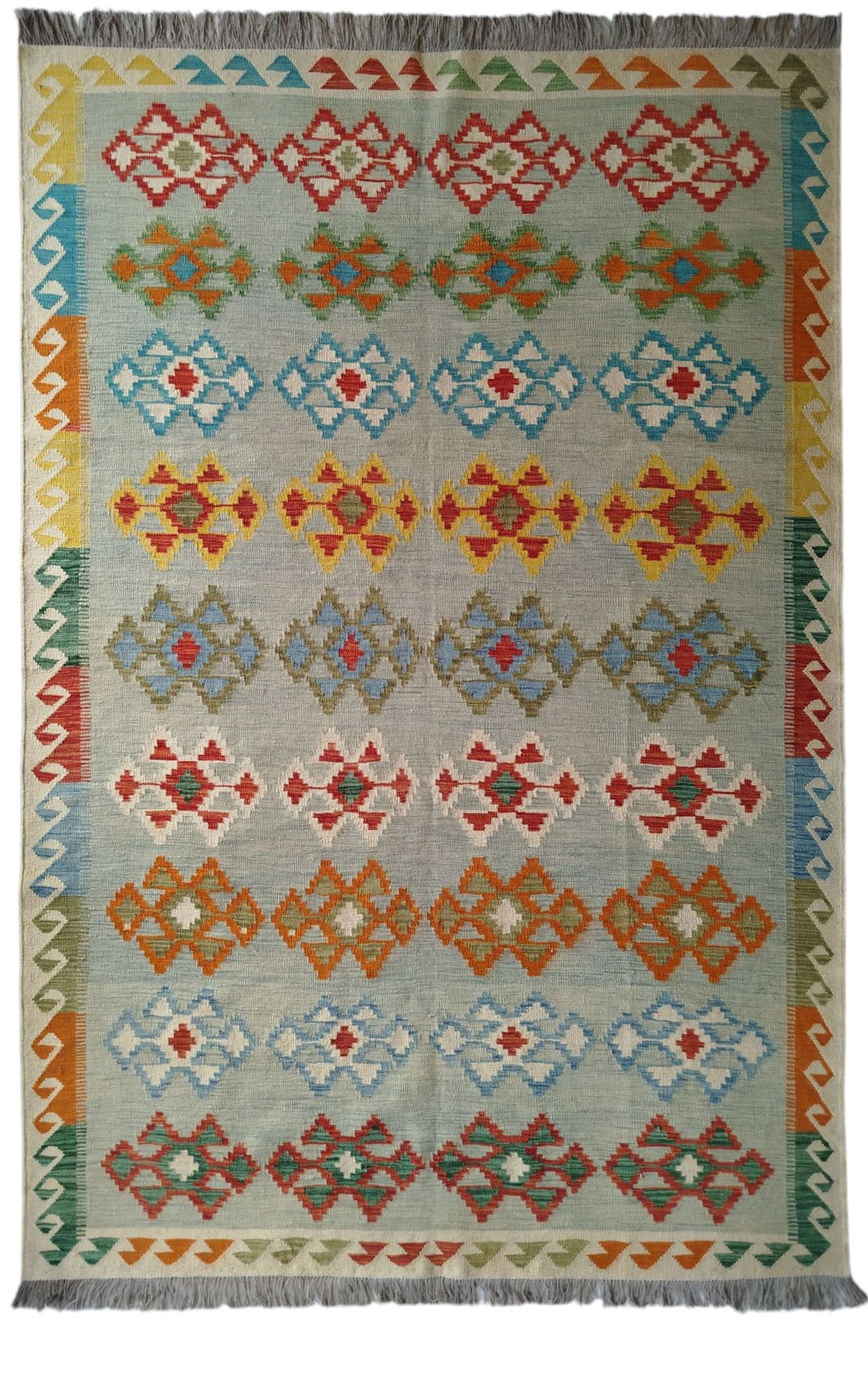 Sr270 6.6 9.5 405$ Sage green, red, blue, orange, and multi-color 6.6 × 9.5 ft handwoven Afghan wool rug with floral medallion pattern