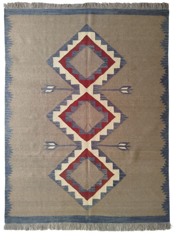 Tan, blue, red, cream, and grey 5.9 × 7.3 ft handwoven Afghan wool rug with diamond medallions