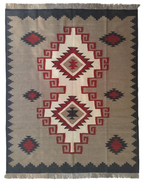 Tan, cream, red, black, and charcoal 5.9 × 7.5 ft handwoven Afghan wool rug with diamond medallion pattern