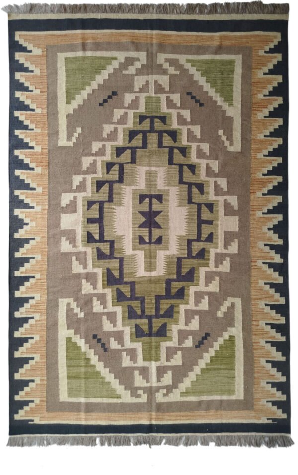 Grey, olive, navy, peach, and cream 6.6 × 9.8 ft handwoven Afghan wool rug with central medallion